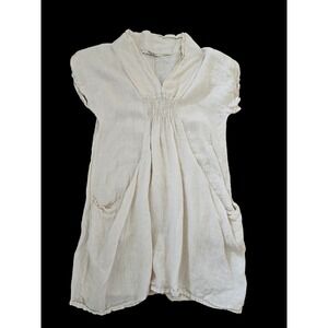 Meo Meli 100% linen Italy Pockets Lightweight Cream V-neck mini Dress sz M-L